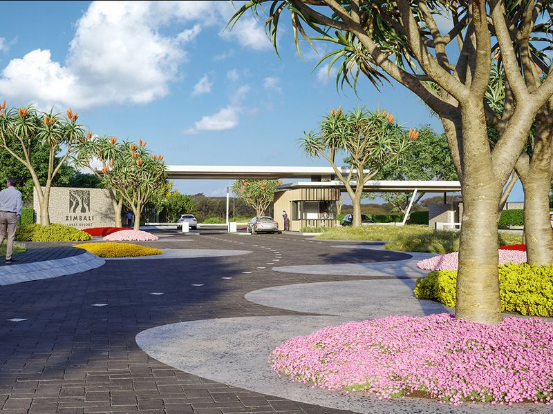 A professional rendering of the Zimbali Lakes Resort entrance, featuring a modern security gatehouse, landscaped gardens, and a paved driveway.