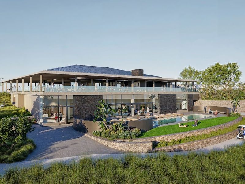 A high-quality architectural rendering of a modern multi-level residential clubhouse featuring a swimming pool, stone retaining walls, and expansive covered outdoor terrace areas.