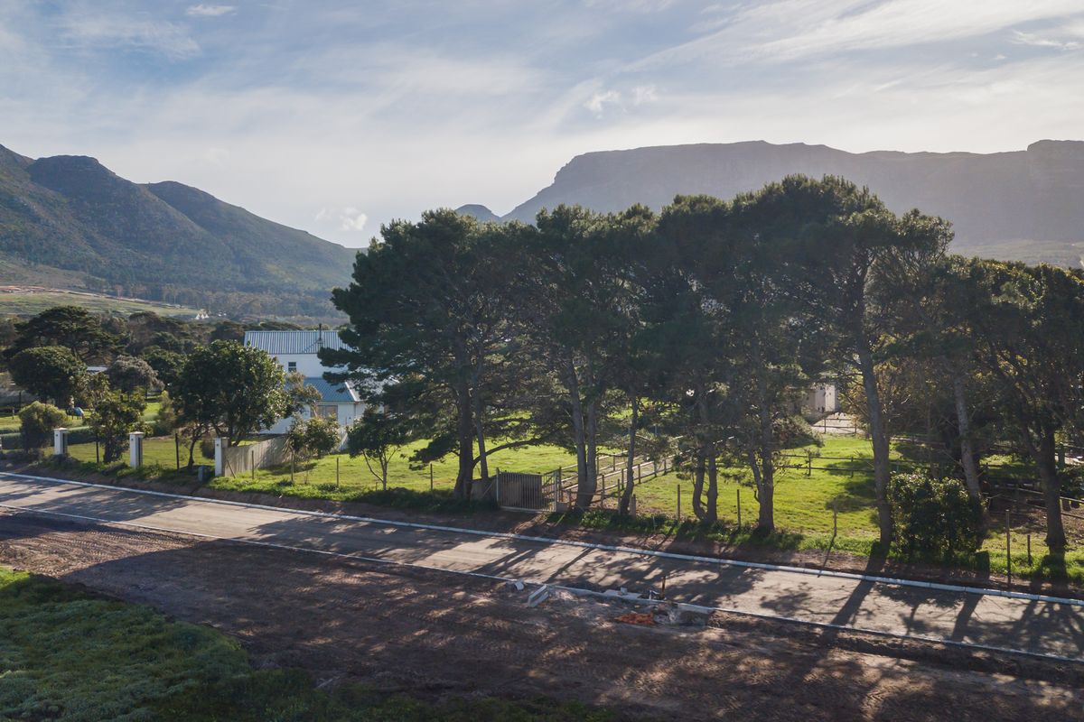 Aerial view of a vacant residential plot featuring mature trees, perimeter fencing, and direct access to a paved road with mountain views.