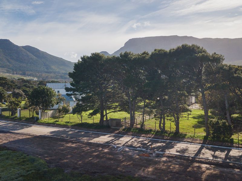 Aerial view of a vacant residential plot featuring mature trees, perimeter fencing, and direct access to a paved road with mountain views.