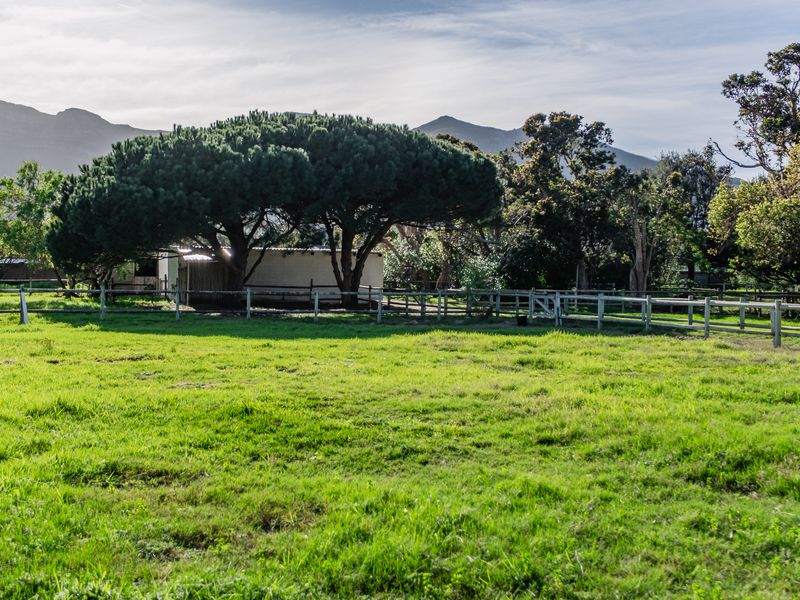 A spacious, well-maintained residential plot featuring lush green lawns, mature trees, and secure post and rail fencing against a scenic mountain backdrop.