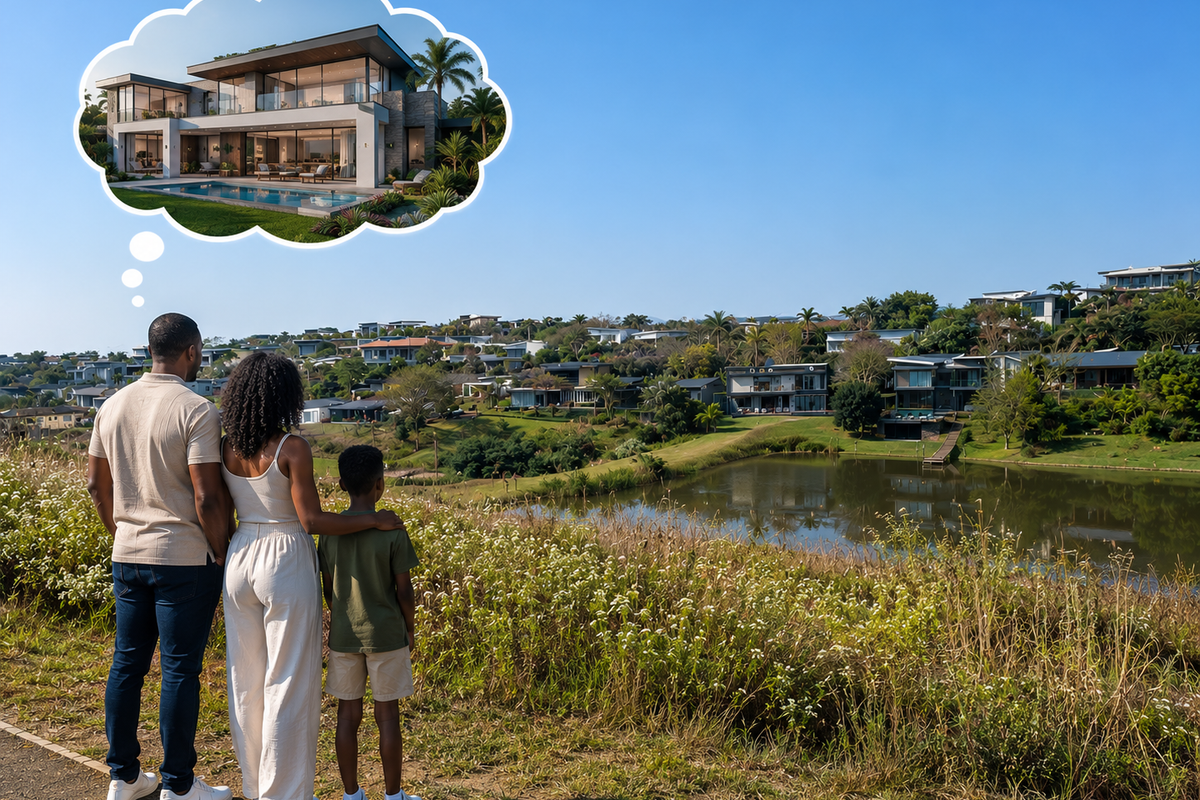 A family looking out over a scenic residential estate with a lake, featuring a thought bubble depicting a modern luxury home design.