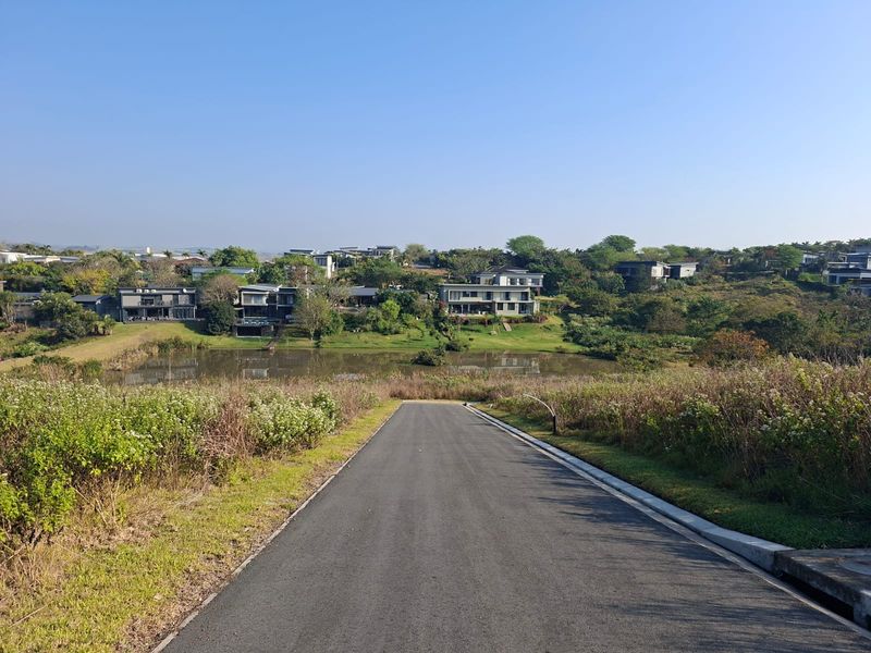 A scenic view overlooking a residential estate with a central pond, featuring a paved access road and established landscaping.
