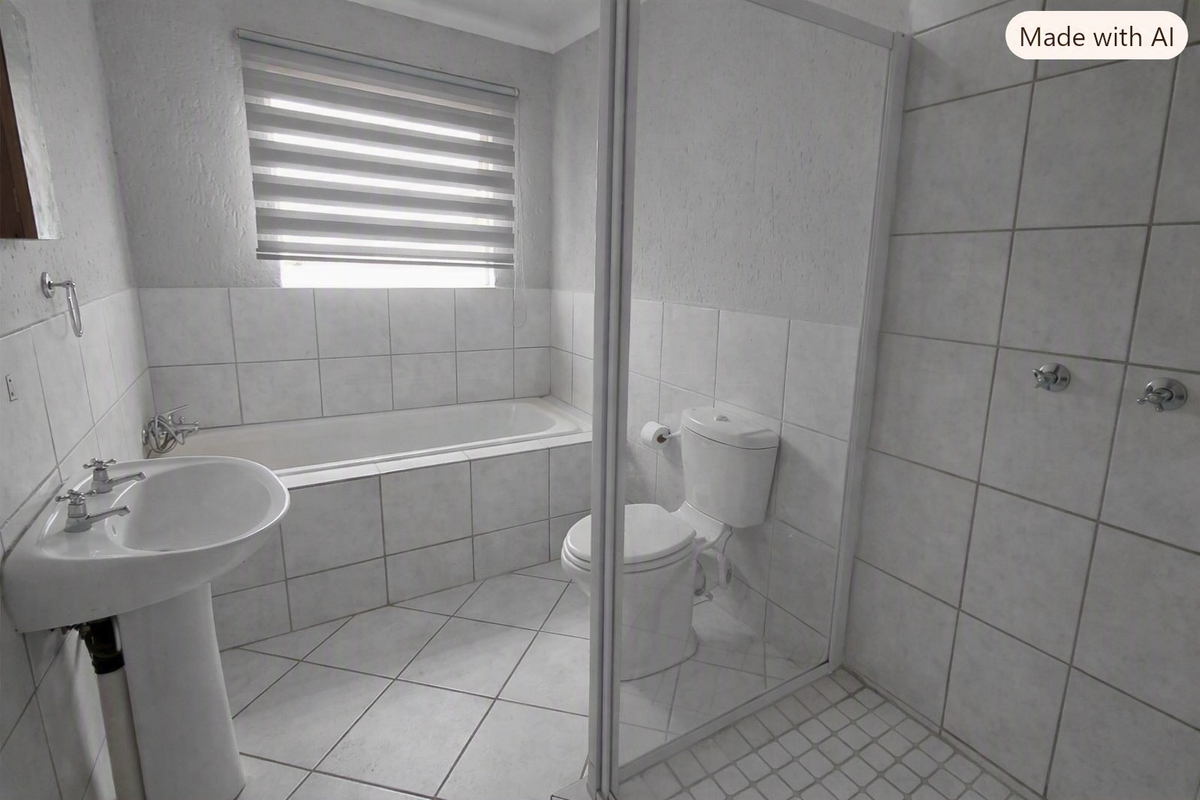 A clean, functional bathroom featuring a pedestal basin, built-in bathtub, separate shower enclosure, and neutral tiled finishes throughout.
