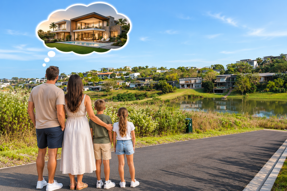 A scenic view of a residential estate featuring a lake and paved road, showcasing the surrounding landscape and neighborhood environment.