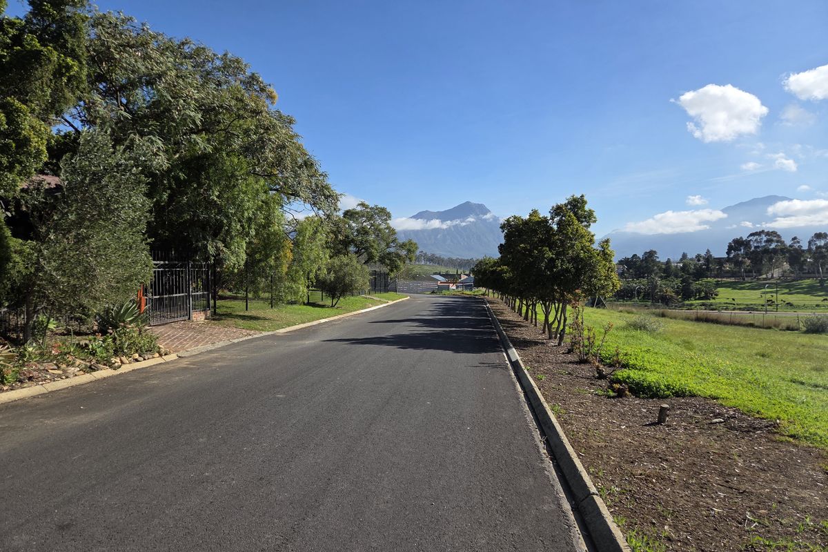 A clear street view of the residential property approach, featuring paved road, concrete curbing, and established trees with mountain views in the background.