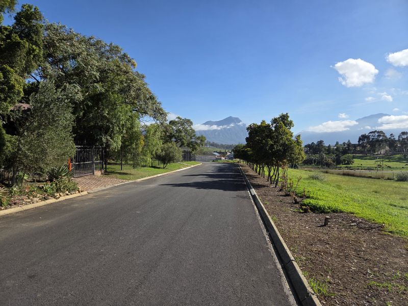 A clear street view of the residential property approach, featuring paved road, concrete curbing, and established trees with mountain views in the background.