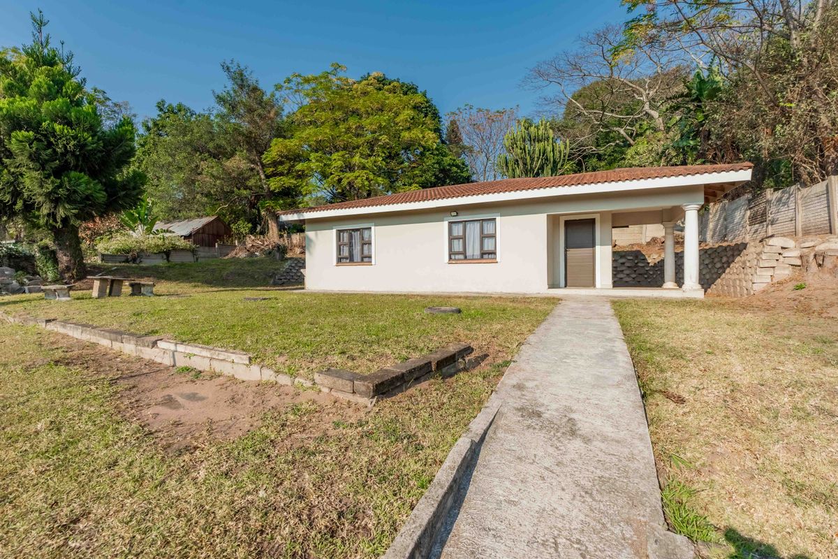 Rear view of a single-story house featuring a concrete walkway, covered patio area, and a spacious garden with established trees.