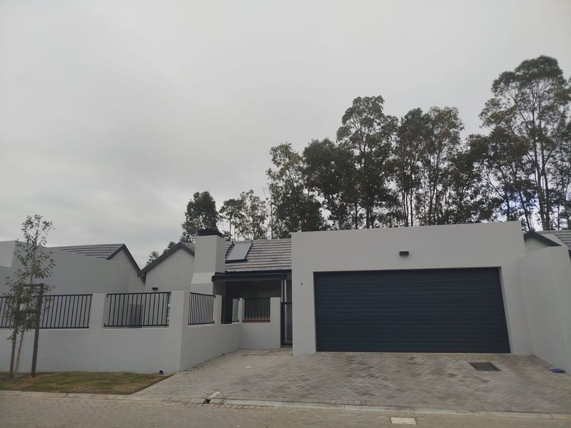 Modern front elevation of a residential property featuring a double garage, paved driveway, and secure perimeter walling with metal fencing.