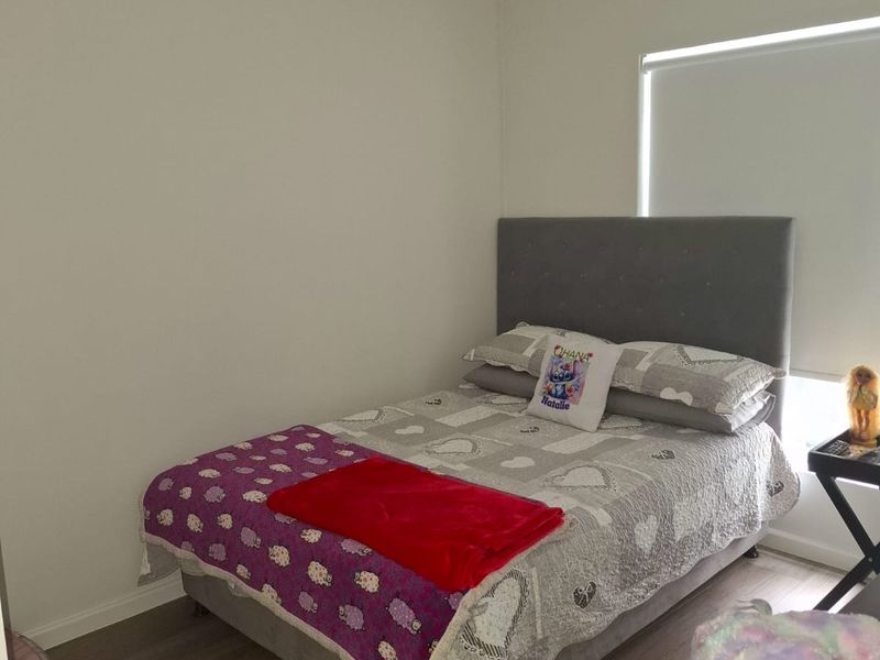A clean and well-maintained bedroom featuring neutral wall finishes, modern laminate flooring, and a functional roller blind for privacy.