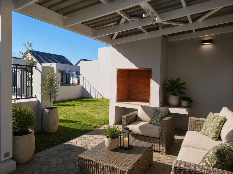A well-maintained covered patio featuring a built-in brick fireplace, paved flooring, and direct access to a private garden area.