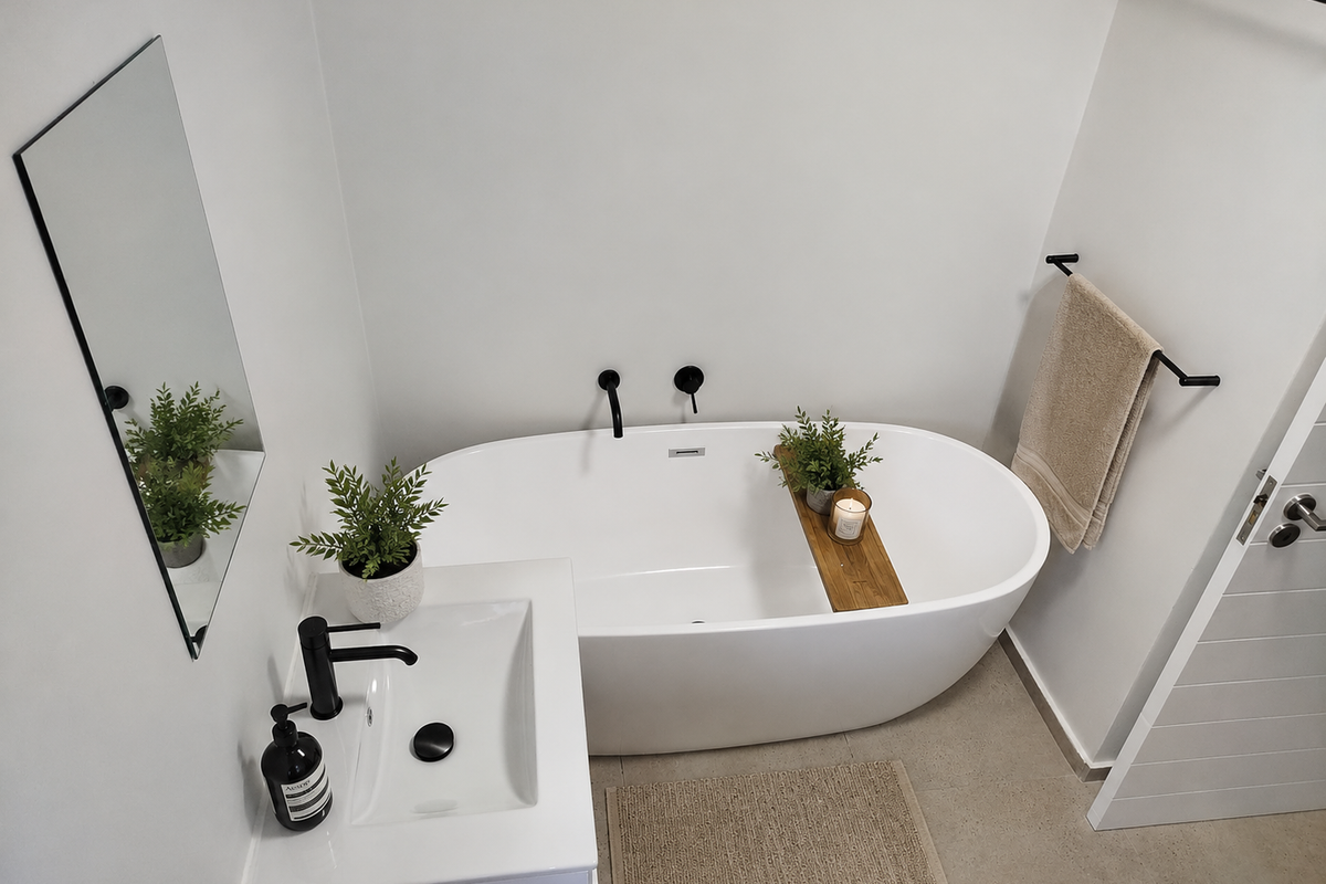 Modern bathroom featuring a sleek freestanding bathtub, wall-mounted basin with black fixtures, and neutral tiled flooring in a clean, contemporary design.