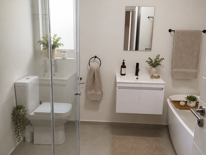 Modern bathroom featuring a wall-mounted vanity, freestanding bathtub, and a glass-enclosed shower with contemporary matte black fixtures and neutral floor tiling.
