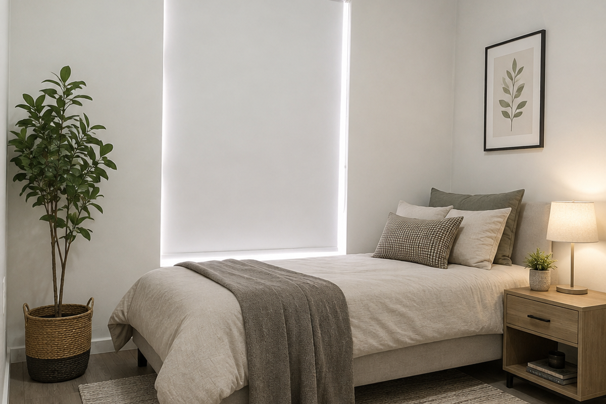 A well-maintained bedroom featuring neutral walls, modern laminate flooring, and a large window fitted with a clean roller blind.
