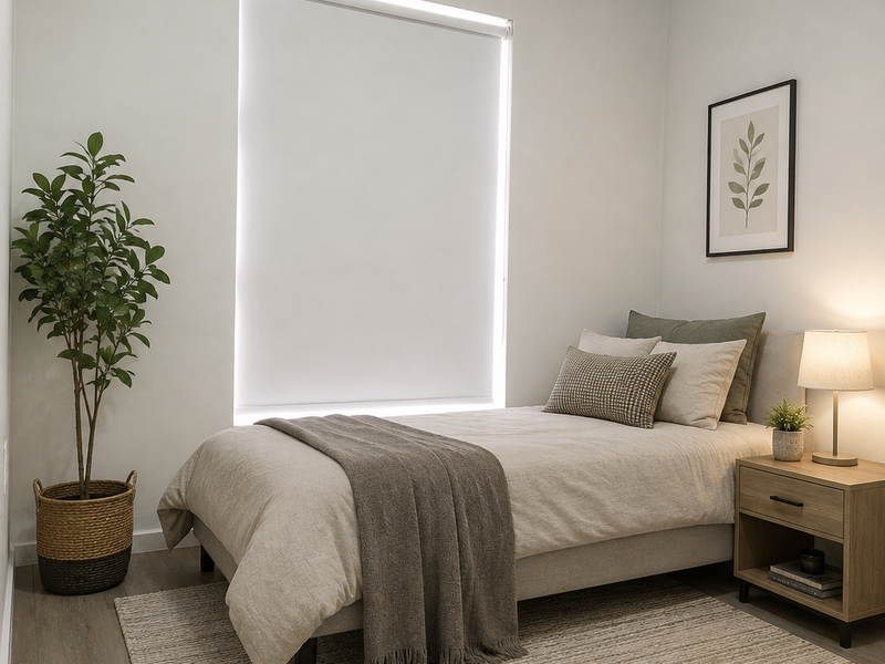 A well-maintained bedroom featuring neutral walls, modern laminate flooring, and a large window fitted with a clean roller blind.