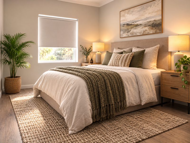 A well-appointed bedroom featuring neutral tones, laminate flooring, and a roller blind, creating a warm and inviting atmosphere.