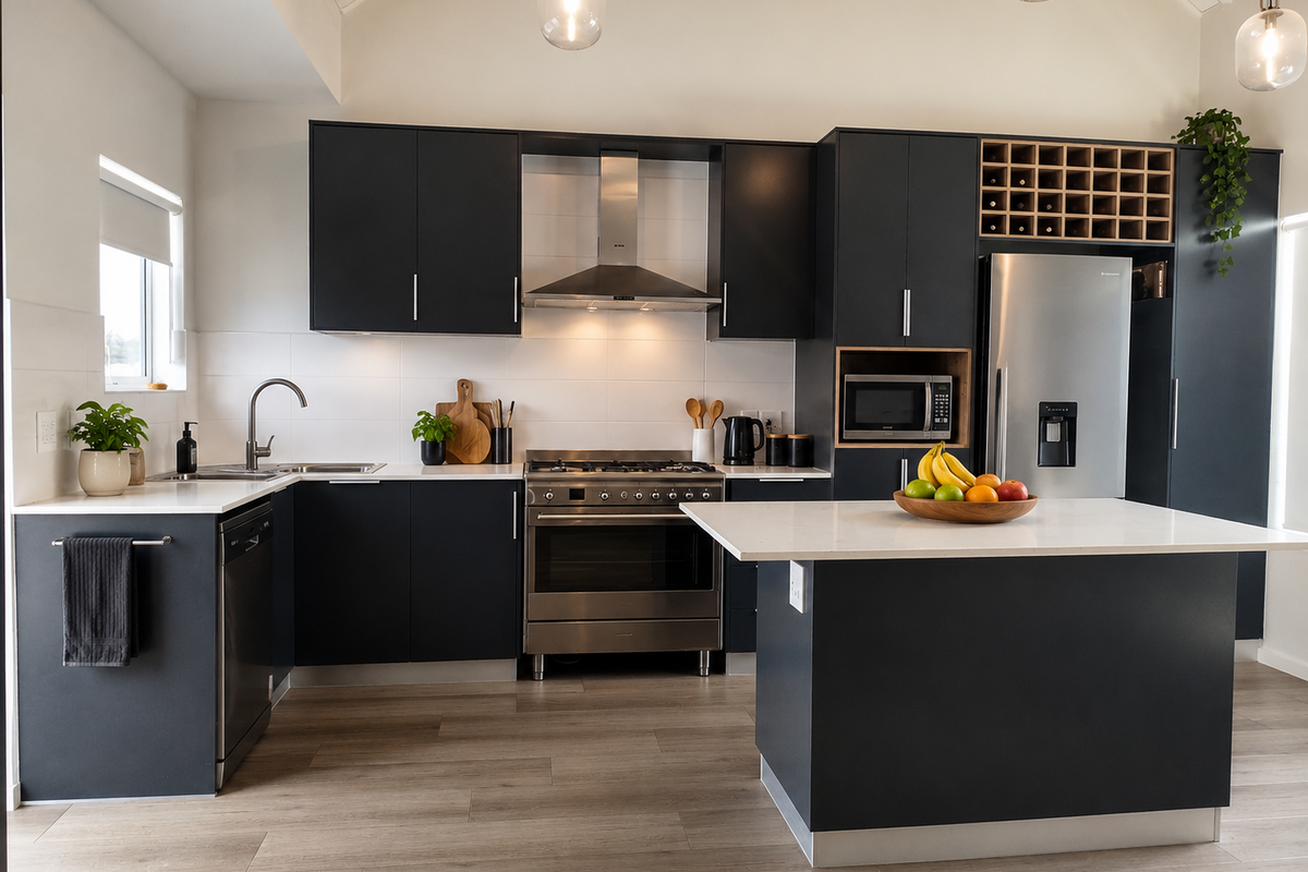 Modern kitchen featuring dark cabinetry, quartz countertops, a central island, stainless steel appliances, and high-quality laminate flooring under a vaulted ceiling.