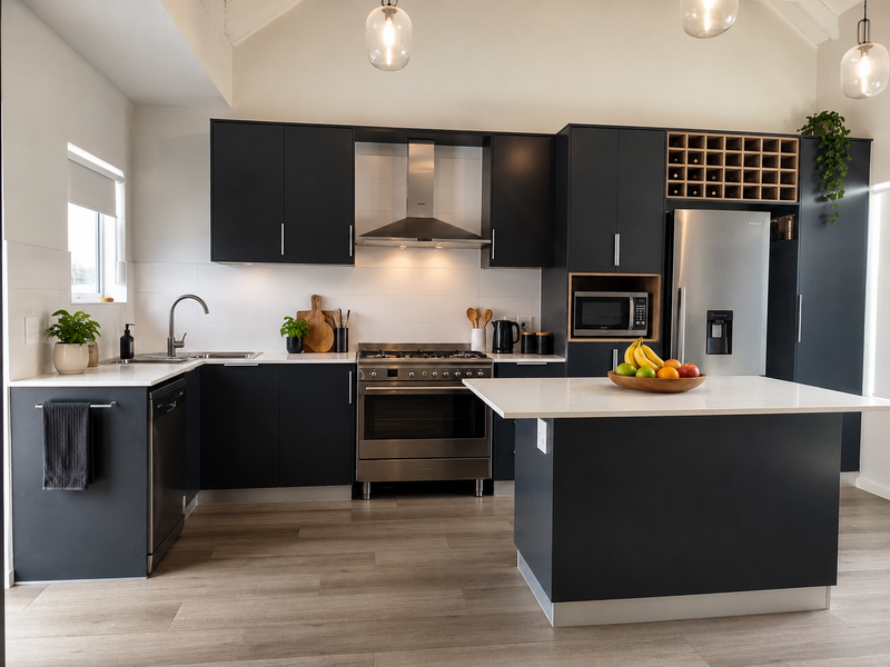 Modern kitchen featuring dark cabinetry, quartz countertops, a central island, stainless steel appliances, and high-quality laminate flooring under a vaulted ceiling.