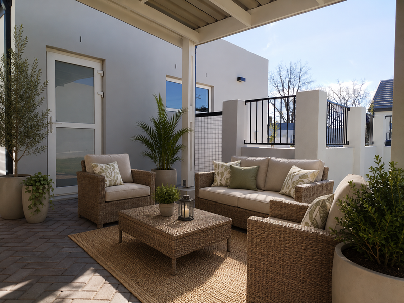 A well-maintained covered patio featuring paved flooring, a modern metal roof structure, and secure metal balustrades, ideal for outdoor relaxation.