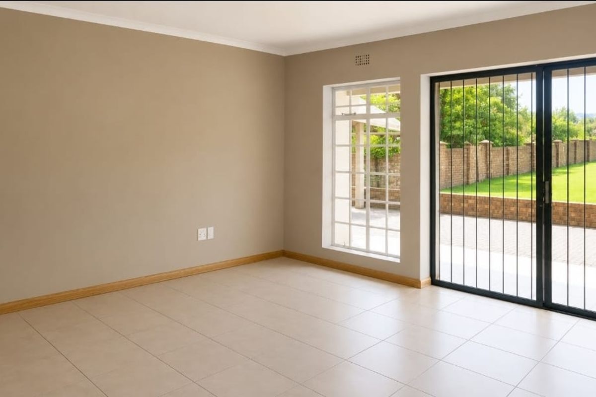 A bright, empty living room featuring neutral tiled flooring, large windows, and a sliding glass door with security bars leading to the garden.