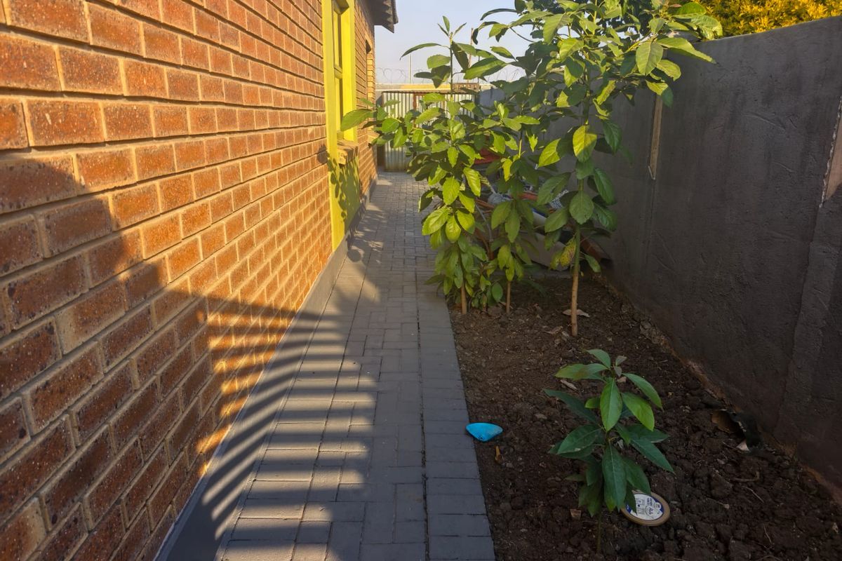 A side walkway featuring brick walling, paved path, and a boundary wall with garden space.