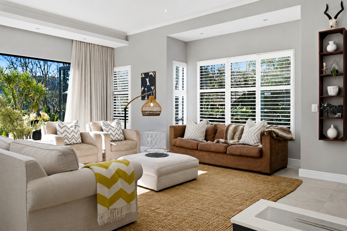 A bright and modern living room featuring large sliding glass doors, plantation shutters, recessed lighting, and neutral tiled flooring.