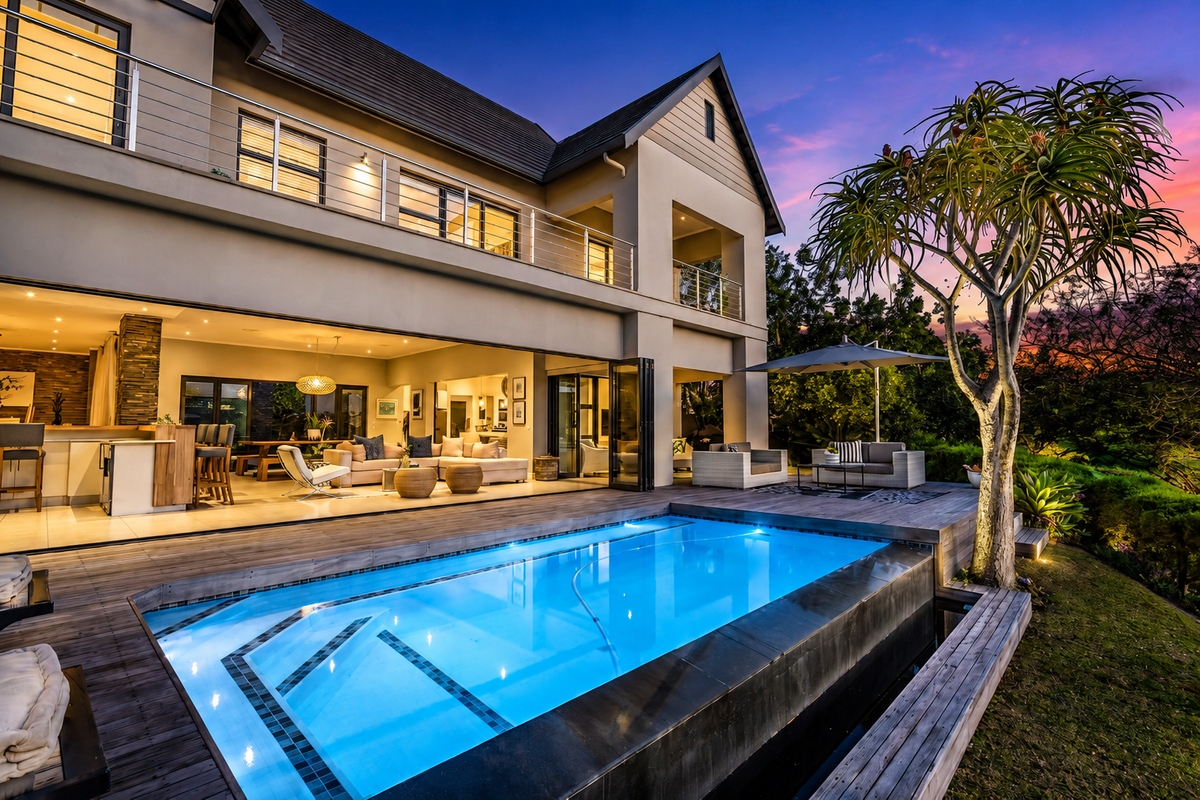 Stunning rear elevation featuring a modern swimming pool, expansive timber decking, and seamless indoor-outdoor flow through large stacking doors.