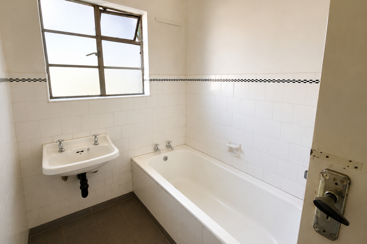 A functional bathroom featuring a built-in bathtub, wall-mounted basin, and classic white tiled walls with a decorative border.