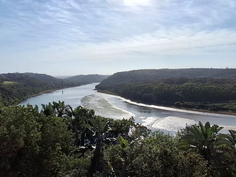 A scenic elevated view overlooking a river estuary surrounded by lush coastal vegetation and hills.