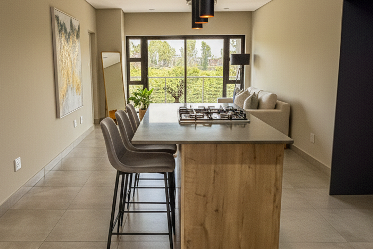 Modern open-plan living area featuring a central kitchen island with a gas hob, sleek pendant lighting, and large sliding doors leading to a balcony.