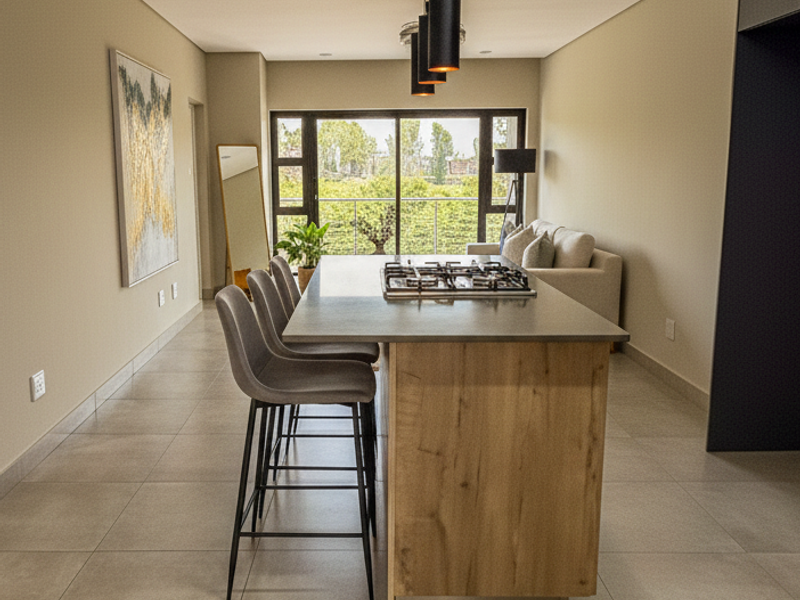 Modern open-plan living area featuring a central kitchen island with a gas hob, sleek pendant lighting, and large sliding doors leading to a balcony.