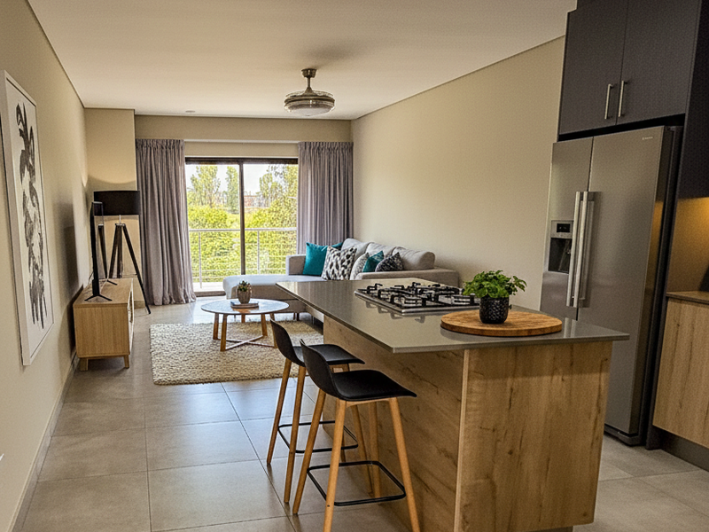 Modern open-plan living area featuring a sleek kitchen island with gas hob, large format floor tiles, and seamless access to a private balcony.