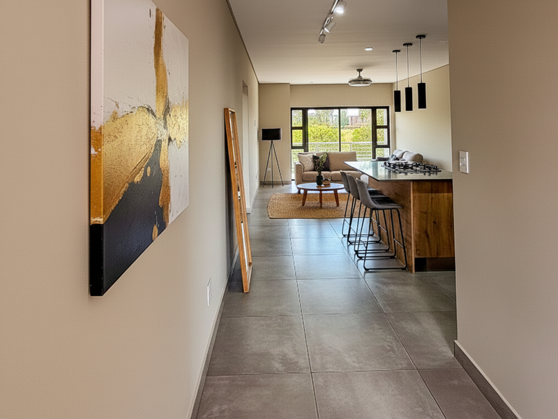 Modern open-plan living area featuring large format floor tiles, a central kitchen island with gas hob, and seamless flow to a balcony.