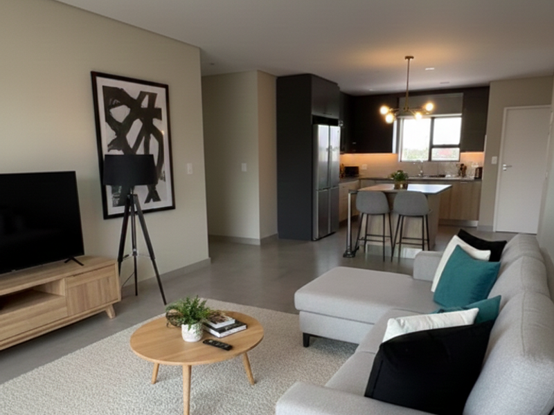 Modern open-plan living area featuring a contemporary kitchen with island, sleek cabinetry, and neutral tiled flooring throughout the spacious layout.