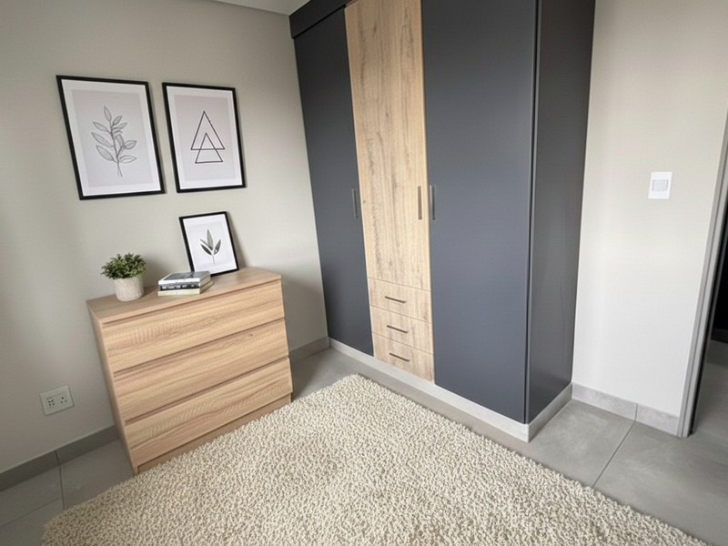 A modern bedroom featuring a sleek two-tone built-in wardrobe with wood-grain and dark grey finishes, complemented by neutral tiled flooring.