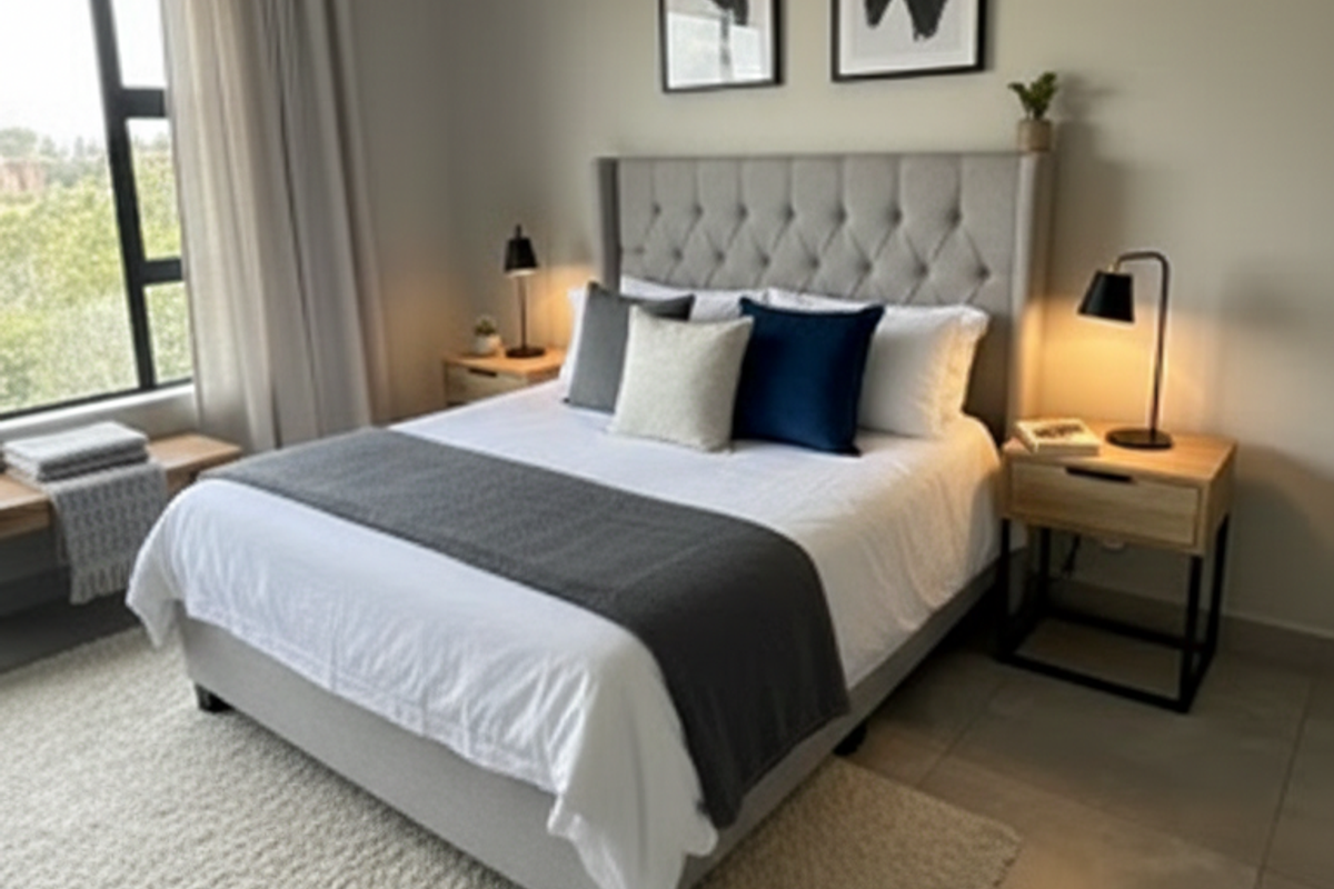 A well-maintained, modern bedroom featuring large windows, neutral wall tones, and clean tiled flooring, offering a bright and comfortable living space.
