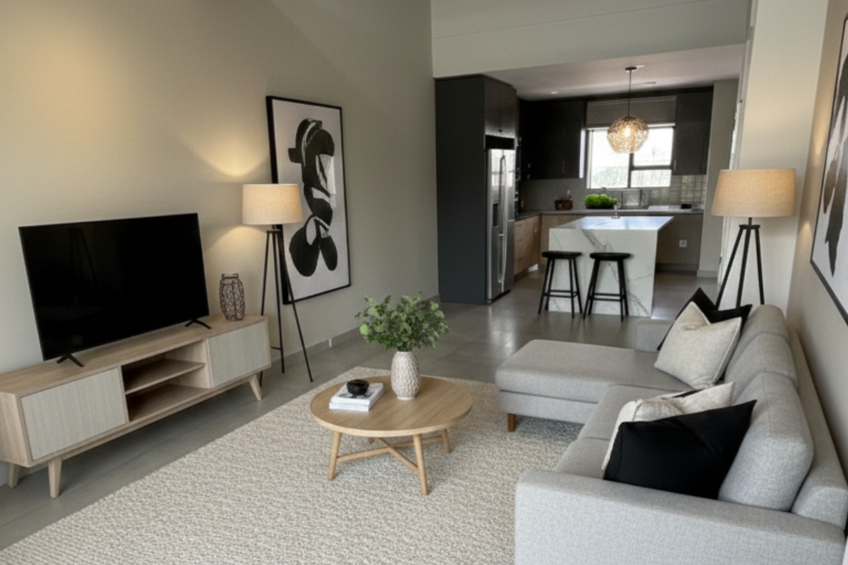 Modern open-plan living area featuring sleek tiled floors, contemporary track lighting, and a seamless transition to a well-appointed kitchen with a central island.