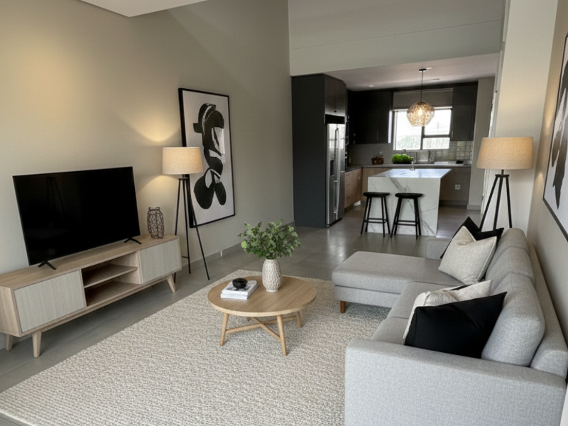 Modern open-plan living area featuring sleek tiled floors, contemporary track lighting, and a seamless transition to a well-appointed kitchen with a central island.
