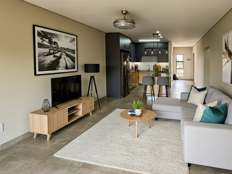 Modern open-plan living area featuring a contemporary kitchen with island, sleek cabinetry, and tiled flooring, seamlessly flowing into a comfortable lounge space.