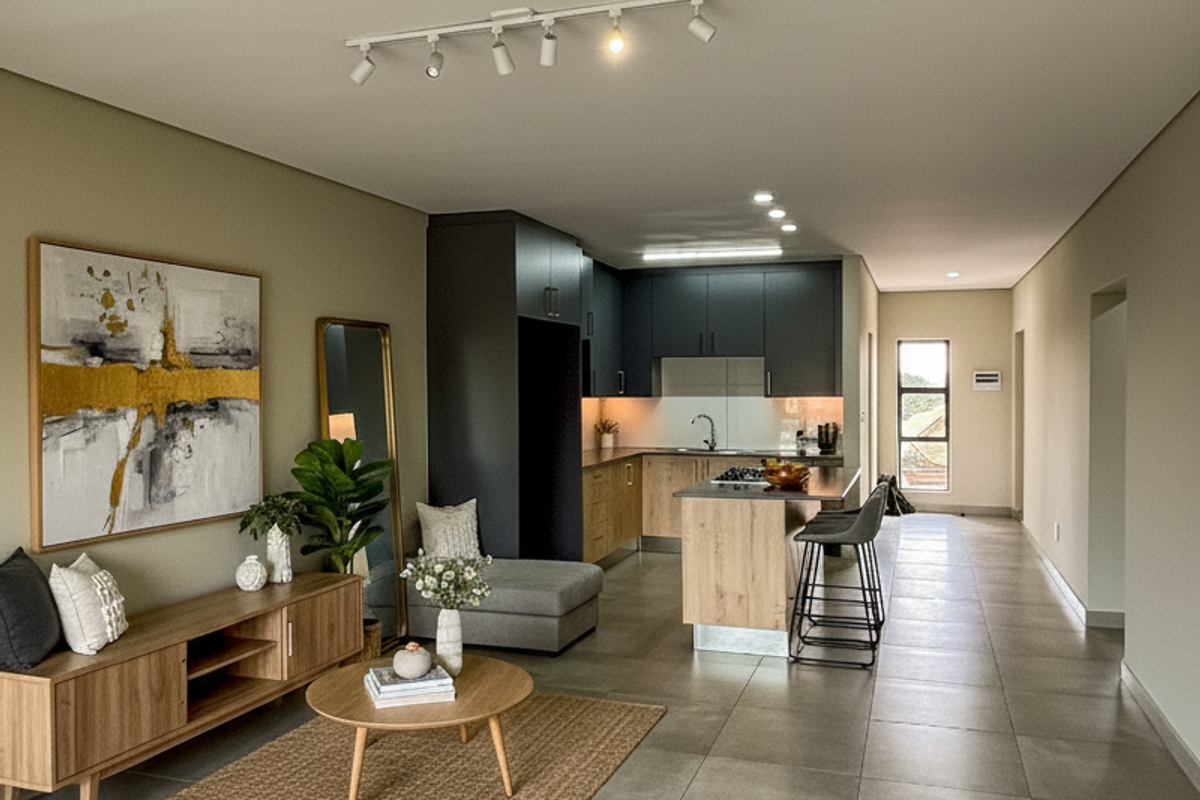 Modern open-plan living area featuring a contemporary kitchen with island, sleek cabinetry, and large format floor tiles throughout the space.