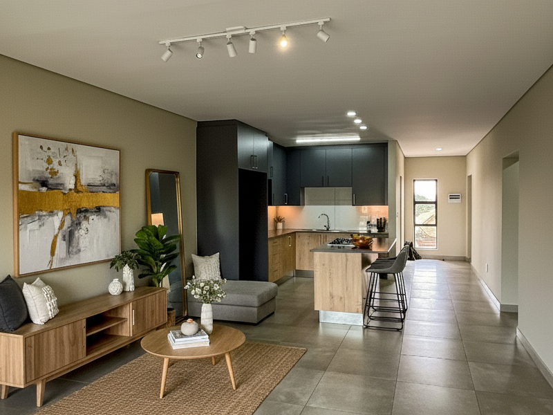 Modern open-plan living area featuring a contemporary kitchen with island, sleek cabinetry, and large format floor tiles throughout the space.