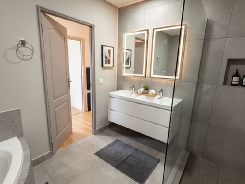 Modern bathroom featuring a sleek double vanity with LED backlit mirrors, a spacious walk-in shower with a recessed niche, and contemporary large-format tiling.