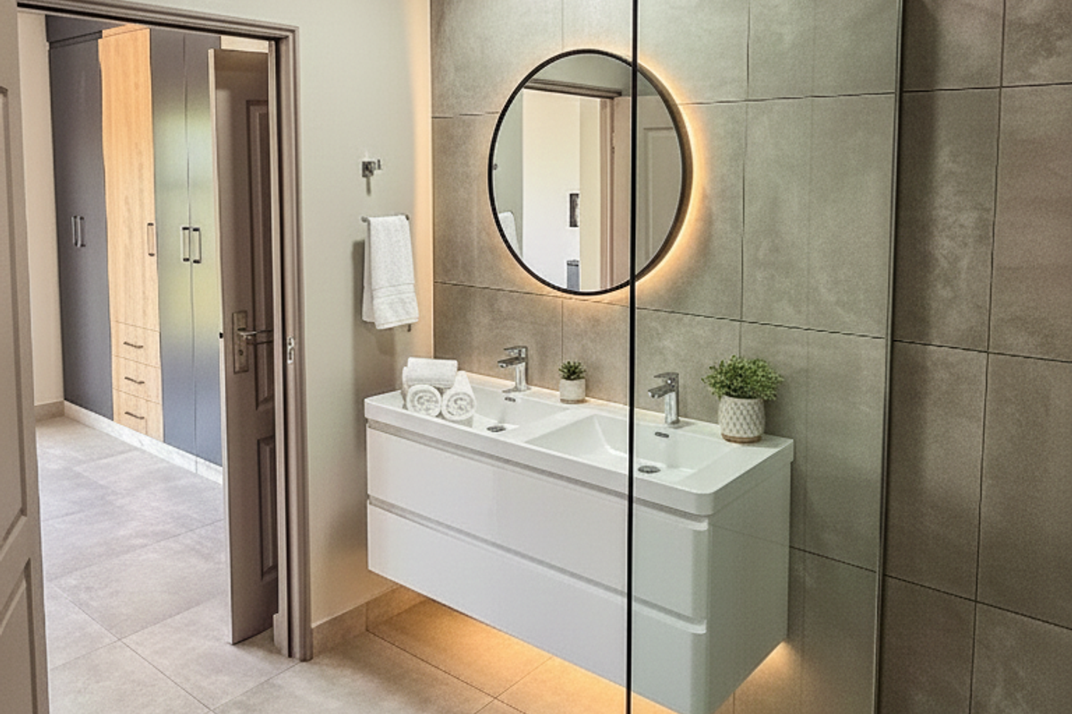 Modern bathroom featuring a double wall-mounted vanity, backlit circular mirror, and a spacious walk-in shower with a frameless glass screen.