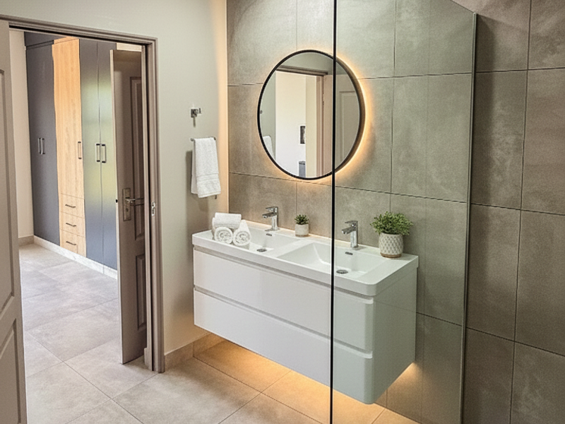 Modern bathroom featuring a double wall-mounted vanity, backlit circular mirror, and a spacious walk-in shower with a frameless glass screen.