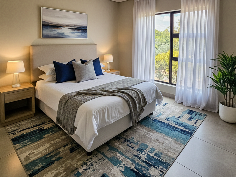 A well-maintained bedroom featuring neutral walls, large windows with natural light, and modern tiled flooring.