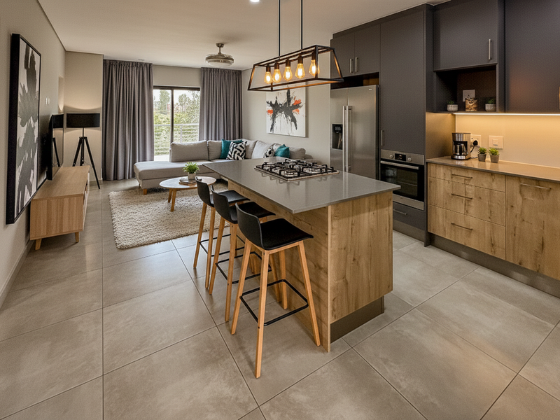 Modern open-plan living area featuring a contemporary kitchen with a central island, gas hob, and integrated appliances, flowing into a comfortable lounge space.