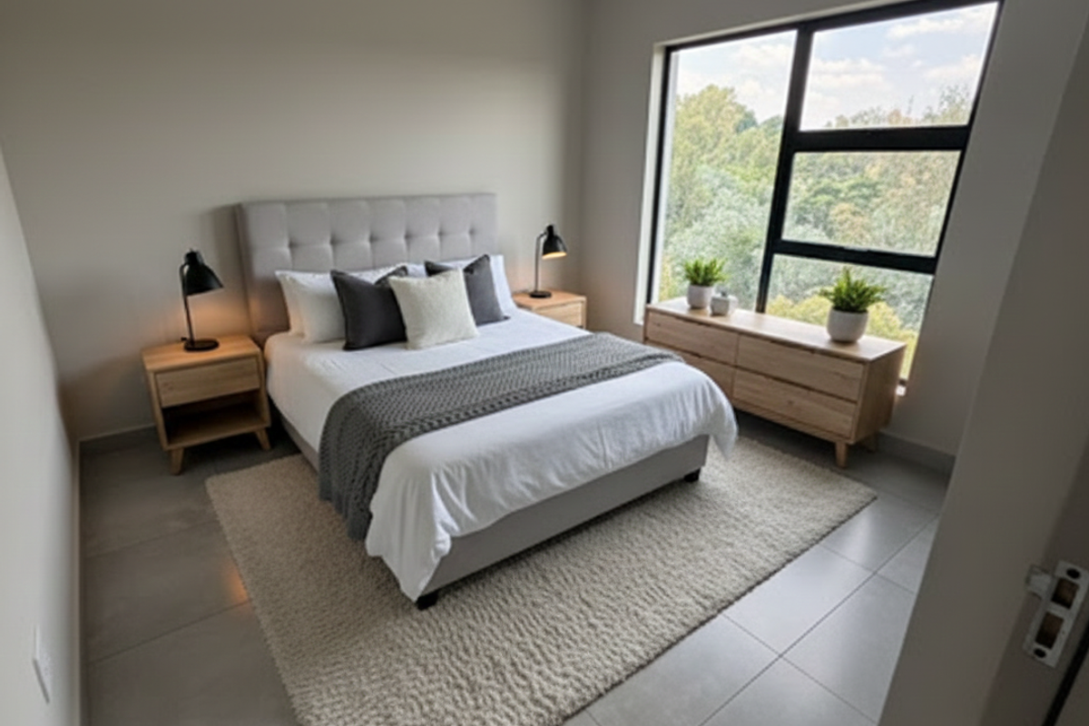 A modern, well-lit bedroom featuring large windows with a scenic view and neutral tiled flooring.