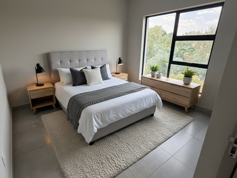A modern, well-lit bedroom featuring large windows with a scenic view and neutral tiled flooring.