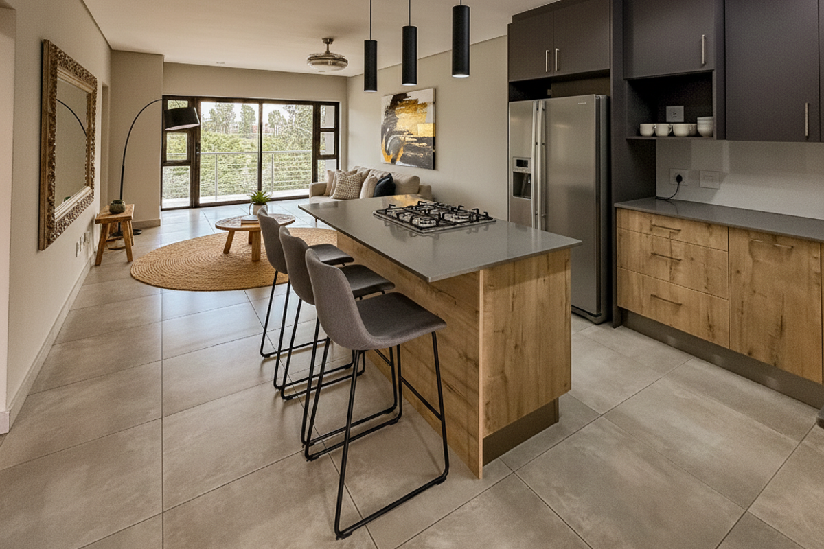 Modern open-plan living area featuring a contemporary kitchen with stone countertops, gas hob, and seamless flow to a balcony with large sliding doors.
