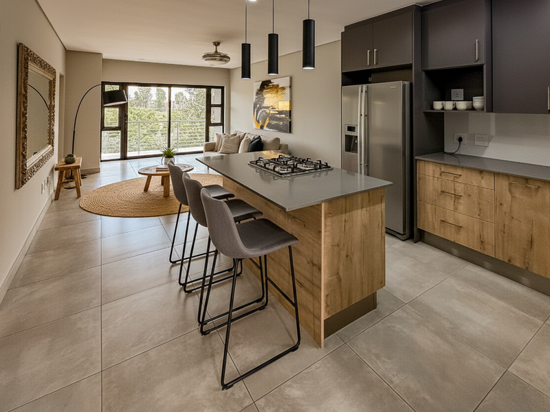 Modern open-plan living area featuring a contemporary kitchen with stone countertops, gas hob, and seamless flow to a balcony with large sliding doors.